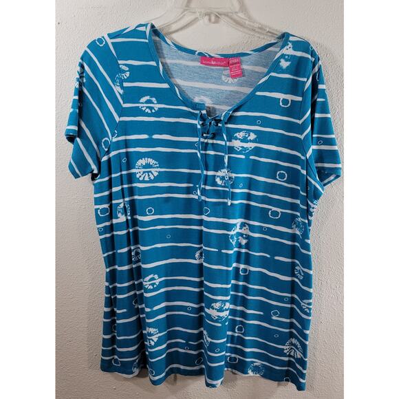 Woman Within Teal White Striped Round Neck Top 1X Plus Lightweight Short Sleeves - Picture 6 of 7